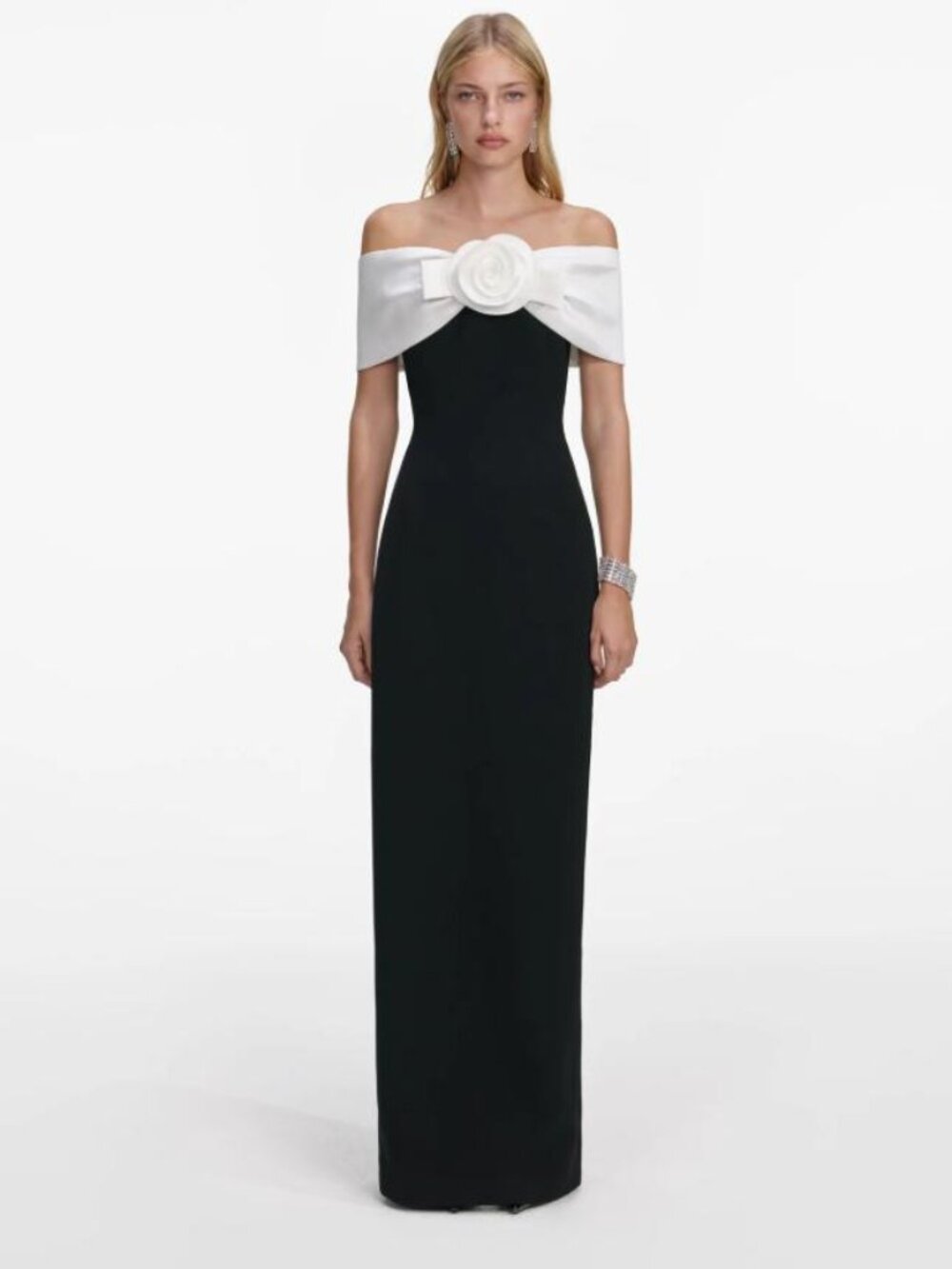 Self-Portrait Colorblock 3D Rose Crepe Maxi Dress Black White Gala Gown